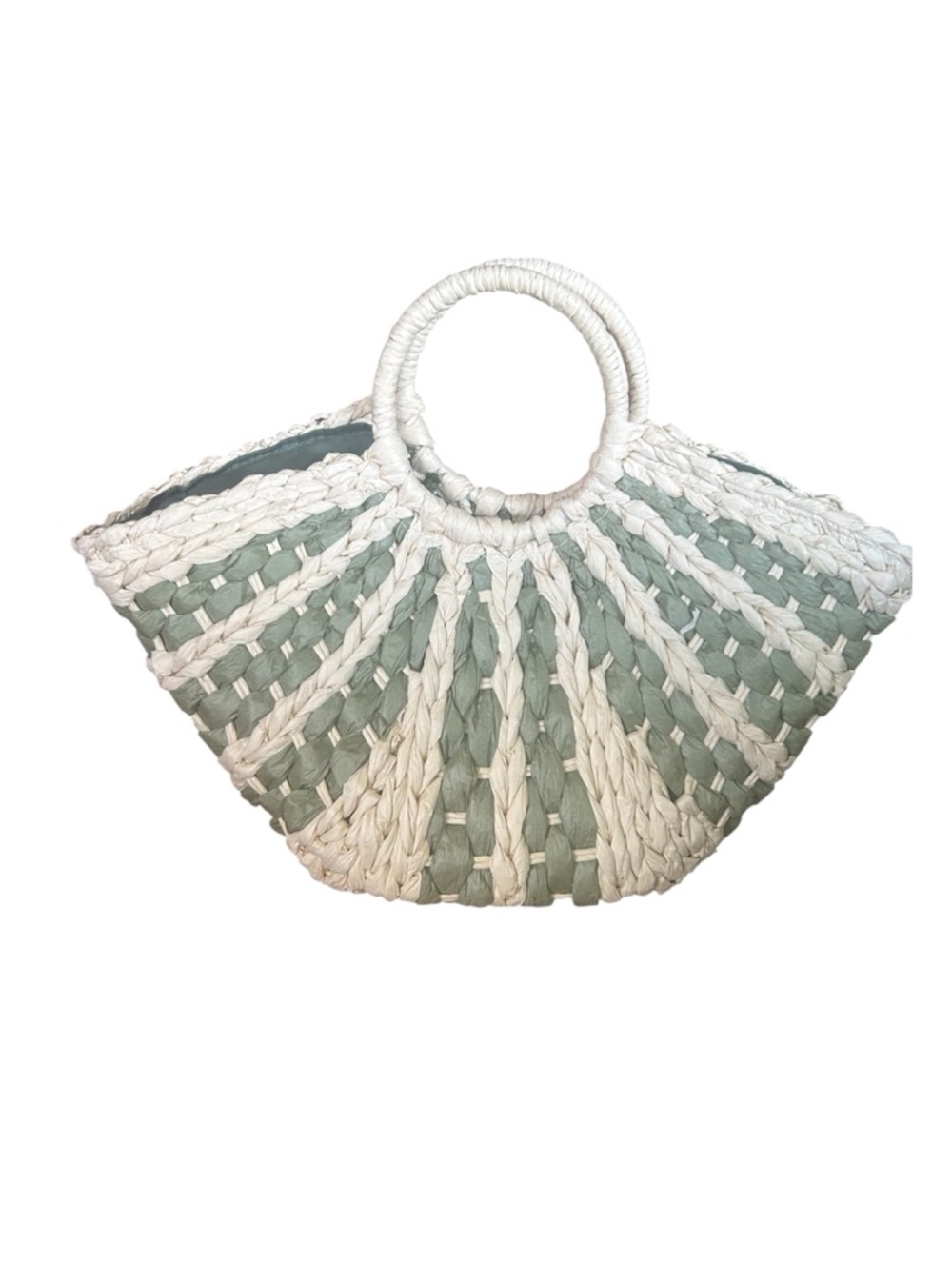 Hand Woven Circle-Handle Tote Bag in Cream and Sage